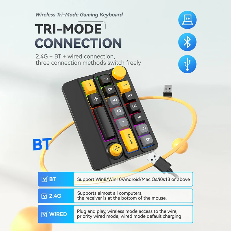 Teclado mecánico para jugar con cable/2,4G, inalámbrico, Bluetooth, luz RGB, Mini teclado intercambiable en caliente programable personalizado, 15 teclas