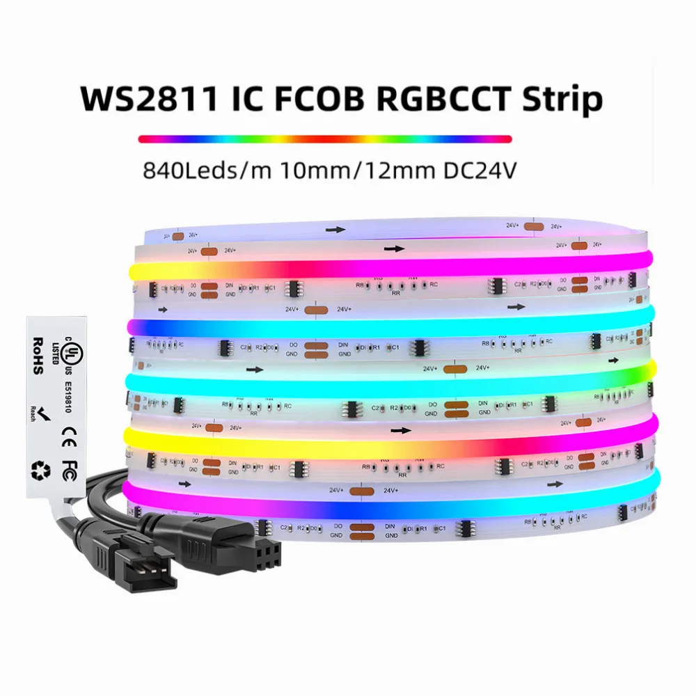 

Fcob Spi Rgbcct Cob Strips 840leds/m Ws2811 Addressable Dream Color 10mm High Flexible Rgbcct Led Light Ip30 Ip66 24v