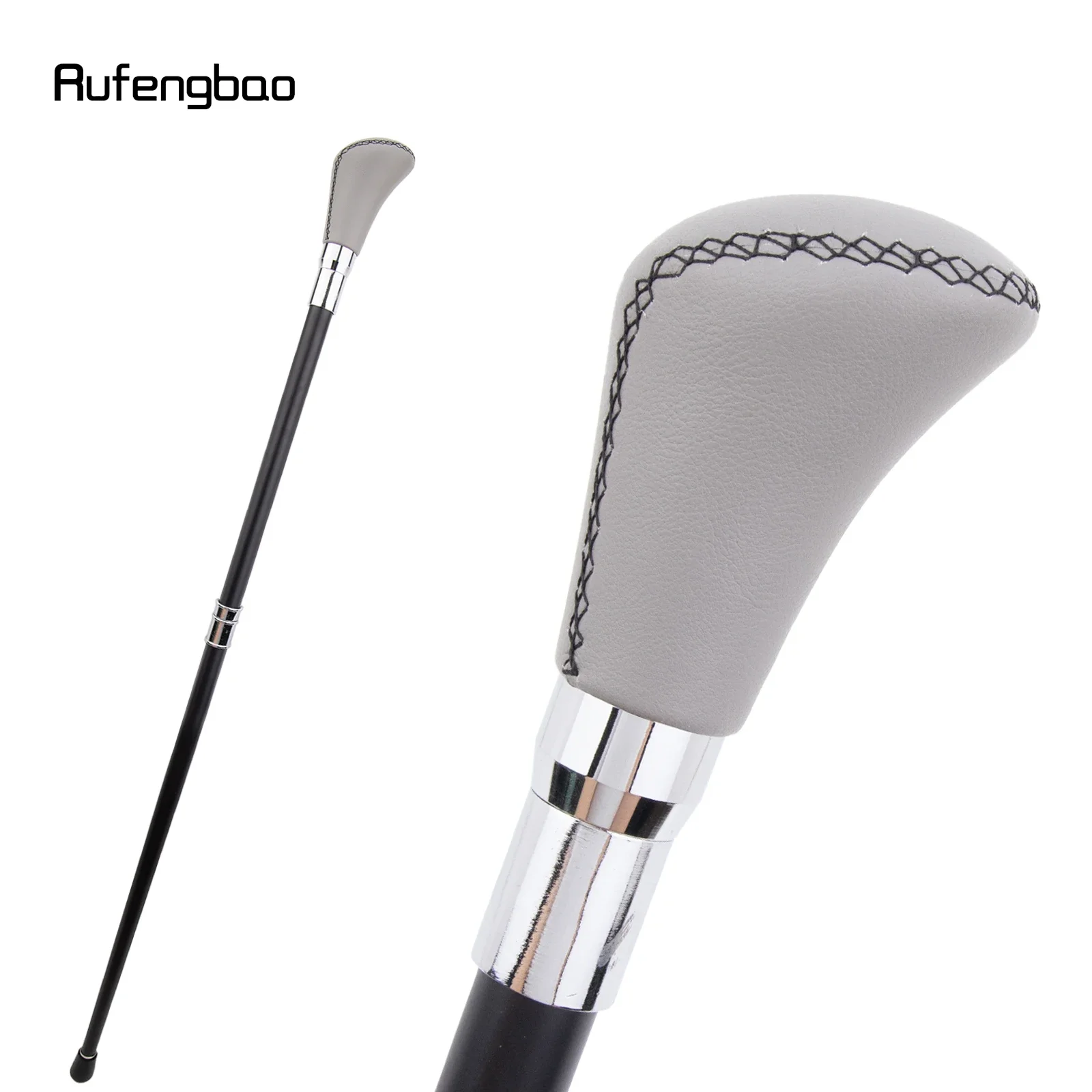 Gehstock aus grauem Leder, silberfarben, modisch, dekorativer Gehstock, Gentleman, elegant, Cosplay, Gehstock, Crosier, 94 cm