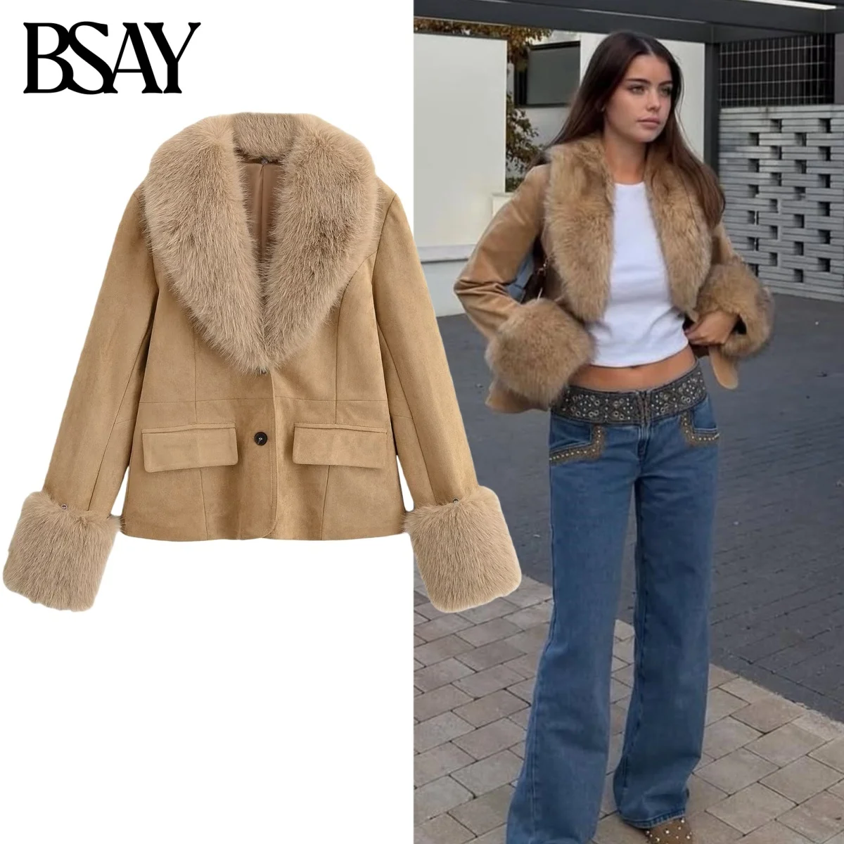 

BSAY detachable fur collar suede jacket For Women Fashion Autumn Winter New Solid Long Sleeve Single Breasted Short Jackets