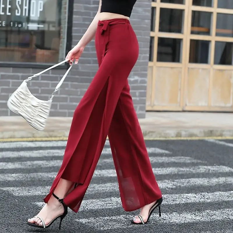 Chiffon Women's Pants Wide Leg Satin Clothing with Slits Silk Loose Baggy Casual Y2k Streetwear Trends 2024 G Trousers for Woman