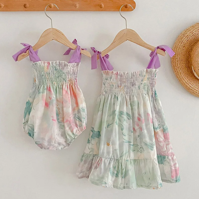 

2024 New Summer Sister Dress Baby Girl Party Dress Sleeveless Cotton Printing Kids Princess Dresses Baby Girls Rompers