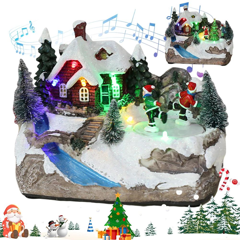 Christmas House Decoration with LED Lights Resin Rotating Music Statue Christmas Village House Chirtmas Desktop Decoration Gifts