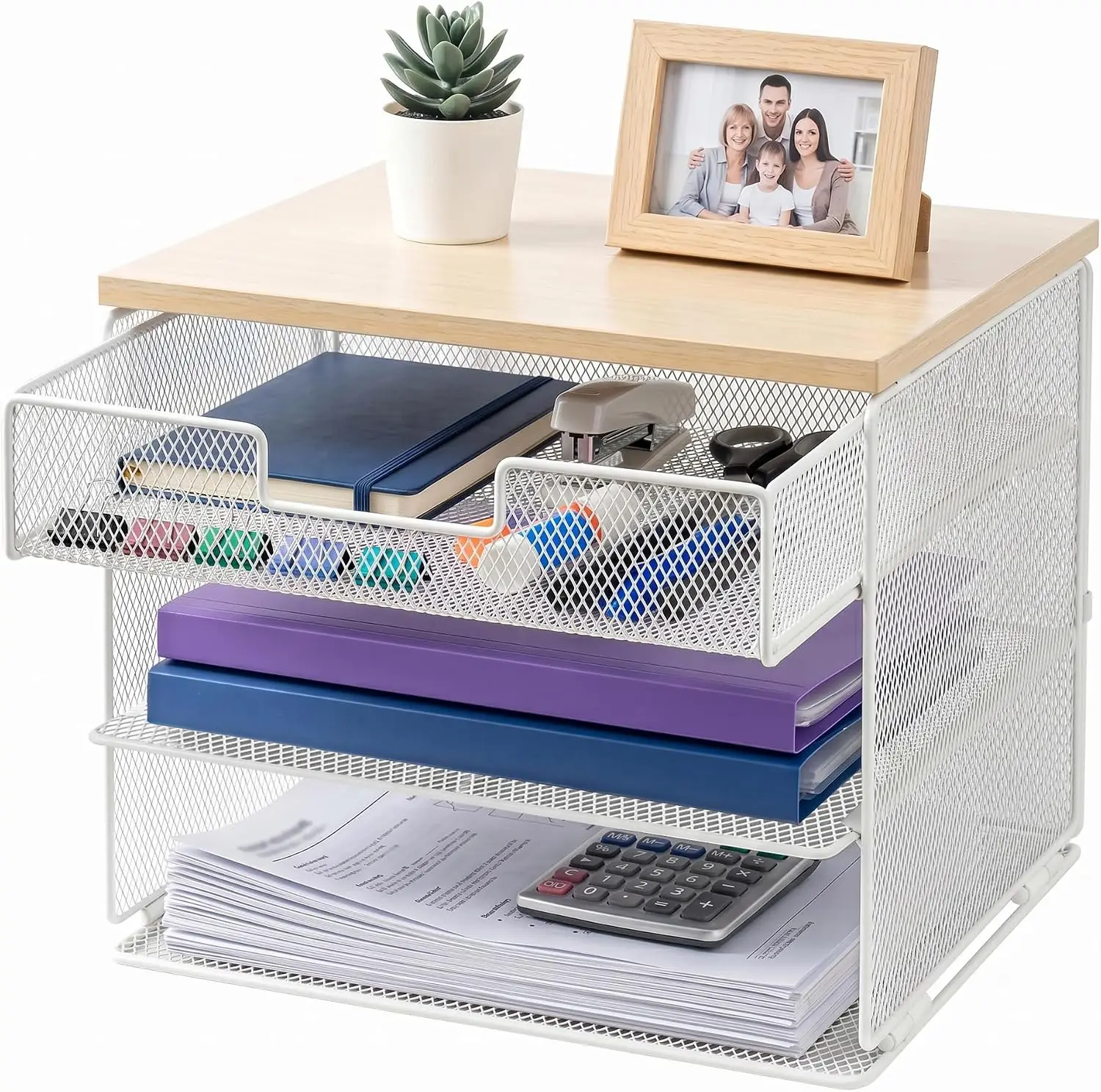 Desk Storage Wood Desktop Tray Home Holder File All Season White