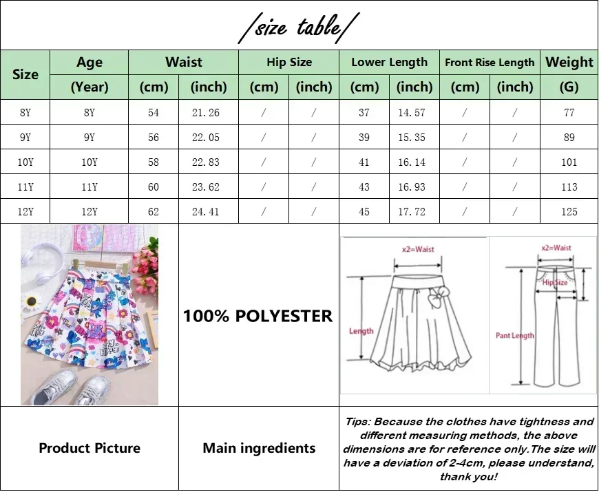 Cartoon Rainbow Girl Skirt 37-45CM Length Children Short Skirt Kids Girls Clothes Cute Fashion Casual Dress for Girls Sports