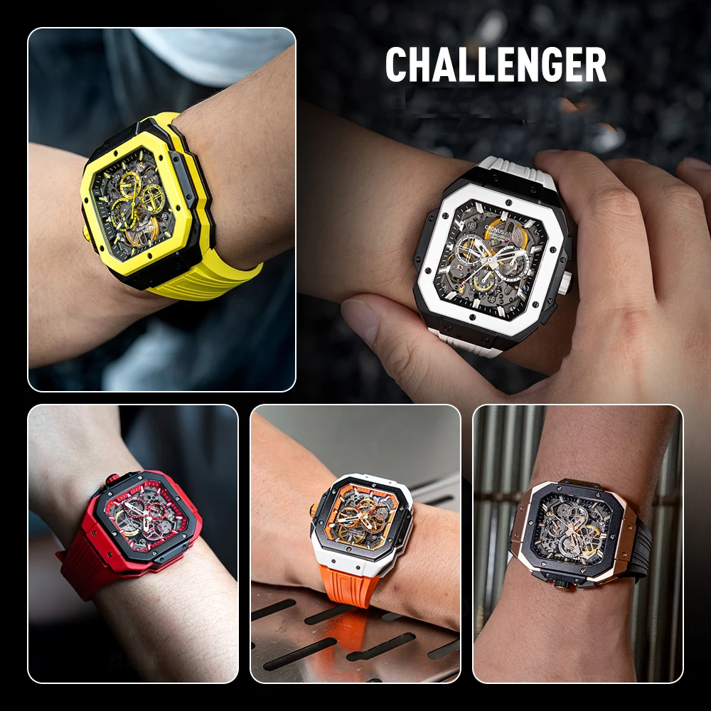 CRONUSART Men Chronograph Watch 45mm*55mm Square Automatic Mechanical Wristwatch Carbon Steel Case Luminous Fluororubber Strap