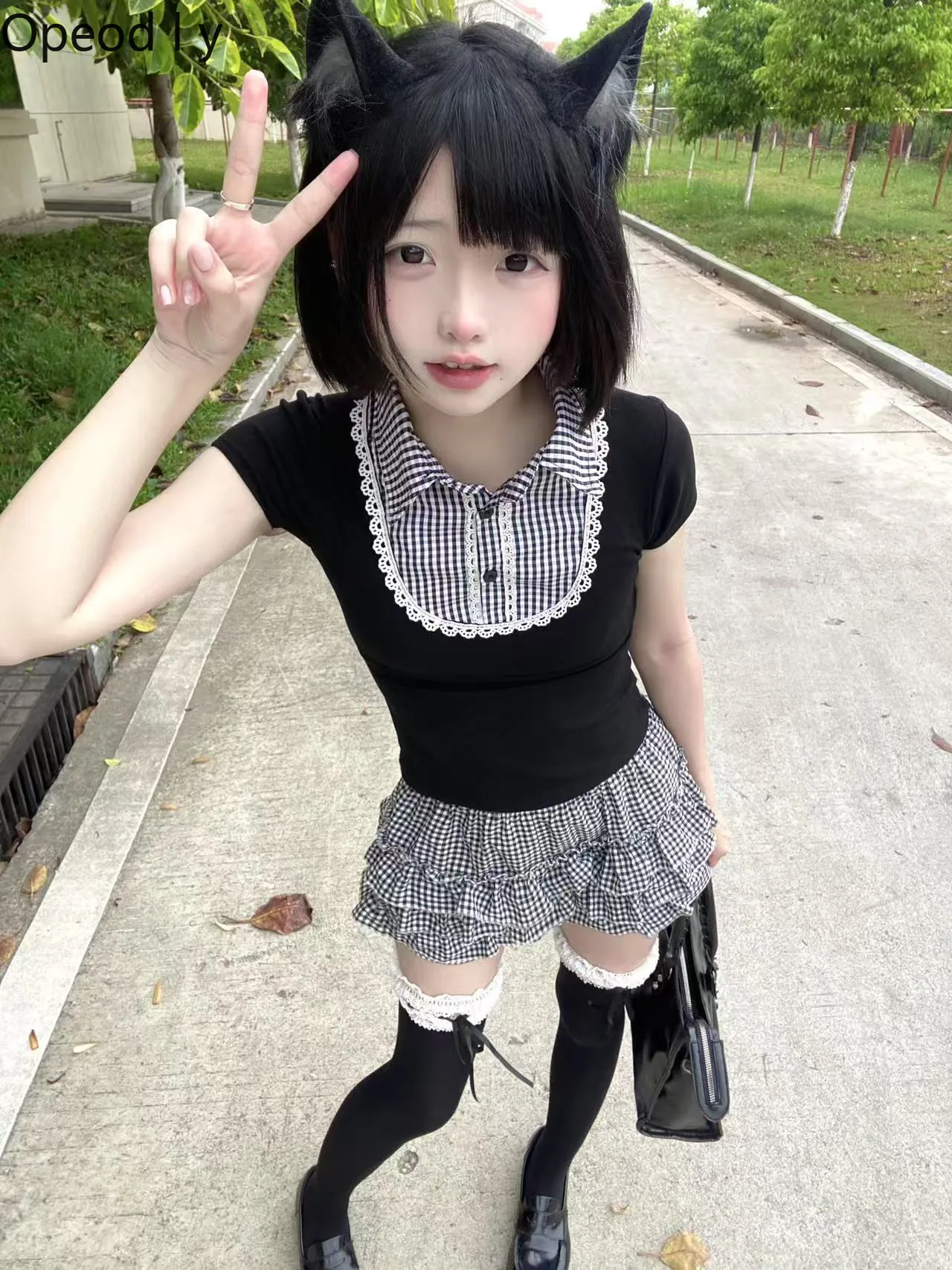 

College Style Japanese Sweet Cute Girl Lolita Suit Spice Girl Slim Black and White Plaid Doll Collar Short-sleeved T-shirt