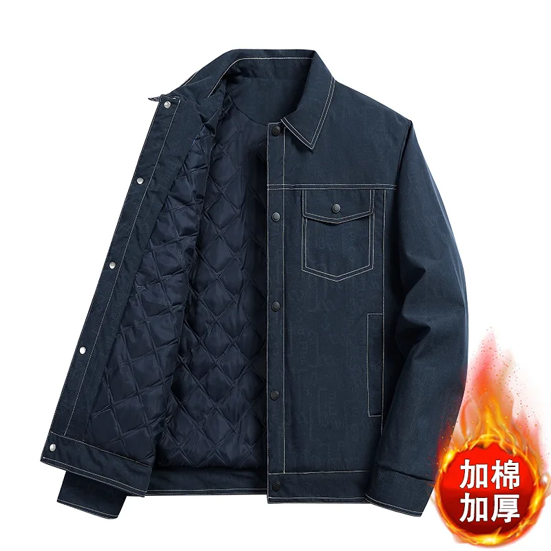 جديد 2025 سترة رجالية مبطنة بالقطن سميكة عصرية طية صدر السترة من قماش الدنيم في منتصف العمر والشباب لملابس غير رسمية #1