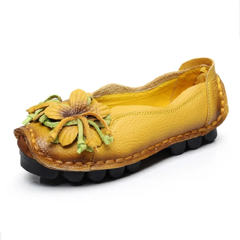 Genuine Leather Ballet Flats Women\'s Slip On Loafers Vintage Handmade Flower Soft Muffin Platform Casual Walk Dress Shoes Woman