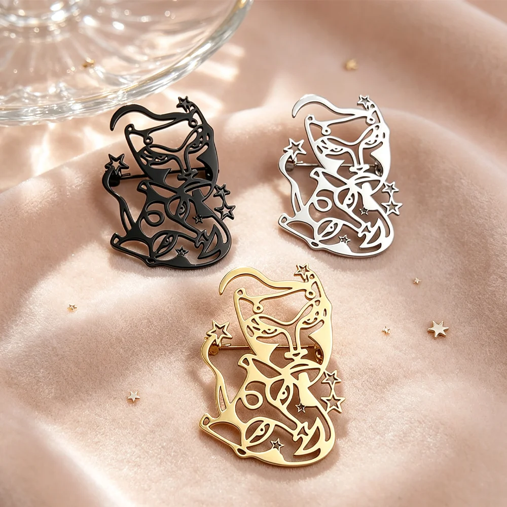 Stainless Steel Hollow Star Cat Brooch Abstract Creative Lapel Pin Unique Badge for Jacket Suit Backpack Clothing Jewelry Gift
