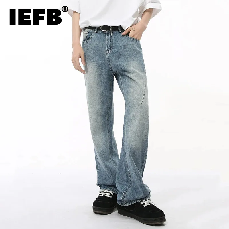 IEFB High Street Men's Denim Pants Washed Worn-out Simple Solid Color Wide Leg Male Straight Jeans Autumn New Stylish 9C7603