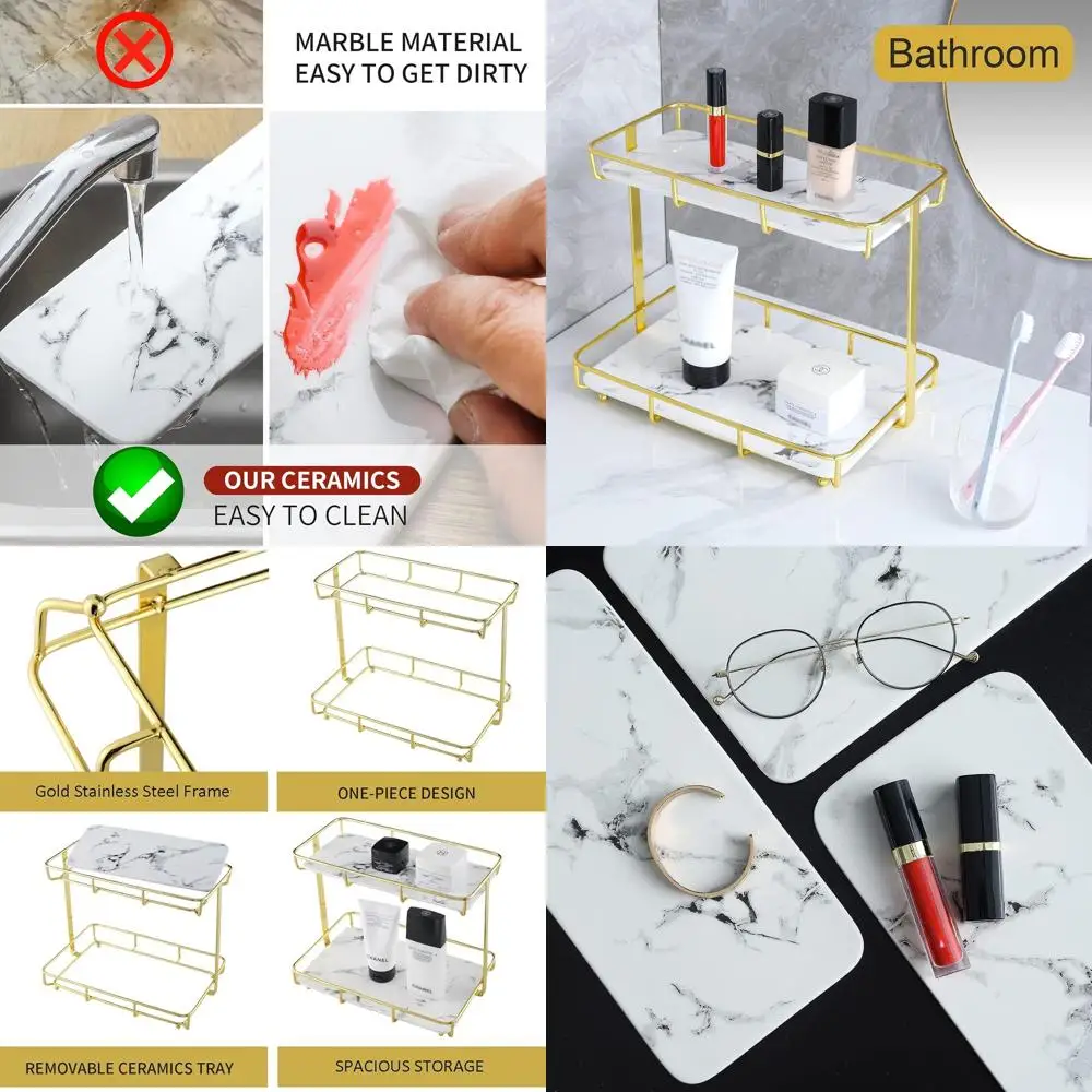 

Stainless Steel & Gold Vanity Organizer: Countertop Perfume, Makeup, & Cosmetic Storage Display Rack