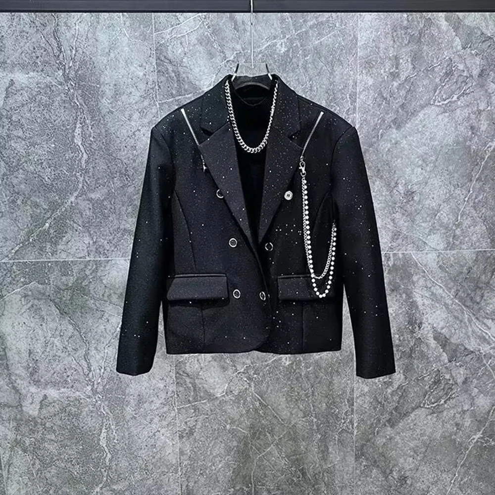 Mens Y2k Sequin Notch Lapel Jacket Streetwear Fashion Shiny Youth Trend Stage Nightclub Zipper Niche Design Outerwear 2026 New