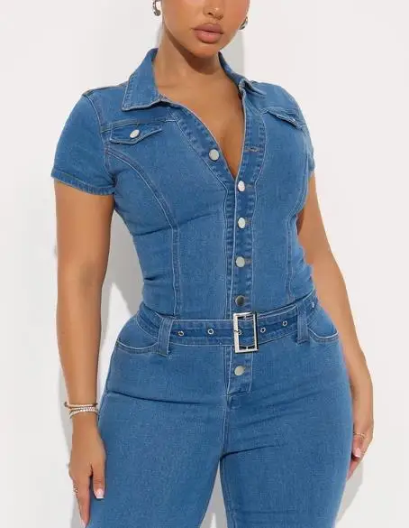 

Jumpsuit Women 2026 New Spring Solid Color Turn-Down Collar Pocket Design Short Sleeve High Waist Slim Casual Denim Jumpsuit