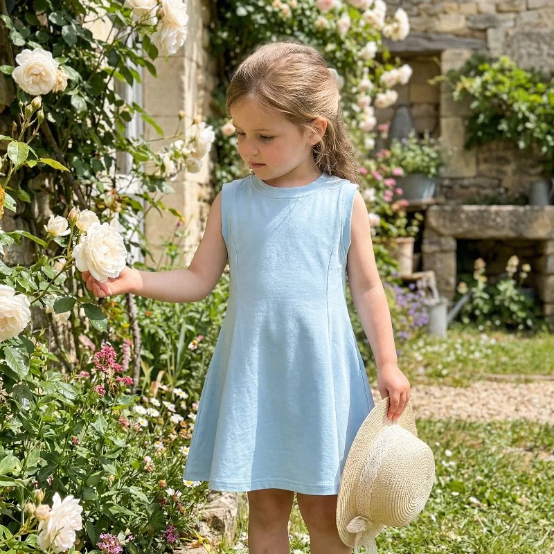 Sommer Kinder Freizeitkleid Mode Himmelblau Mädchen O-Ausschnitt T-Shirt Kleider Kinder Outdoor Strandkleidung Neuer Stil Ärmelloses Kleid