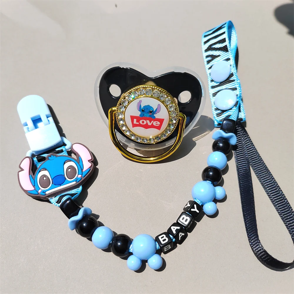 1 Set The Lilo & Stitch Blue Black Beads Anti-drop Custom English Letter Name Baby Pacifier Clips Silicone BPA Free Teether Paci