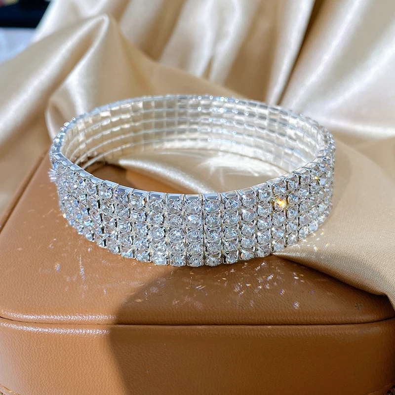 1-8Rows Full Rhinestone Crystal Bracelets For Women Fashion Silver Gold Color Elastic Bracelets Female Party Wedding Jewelry