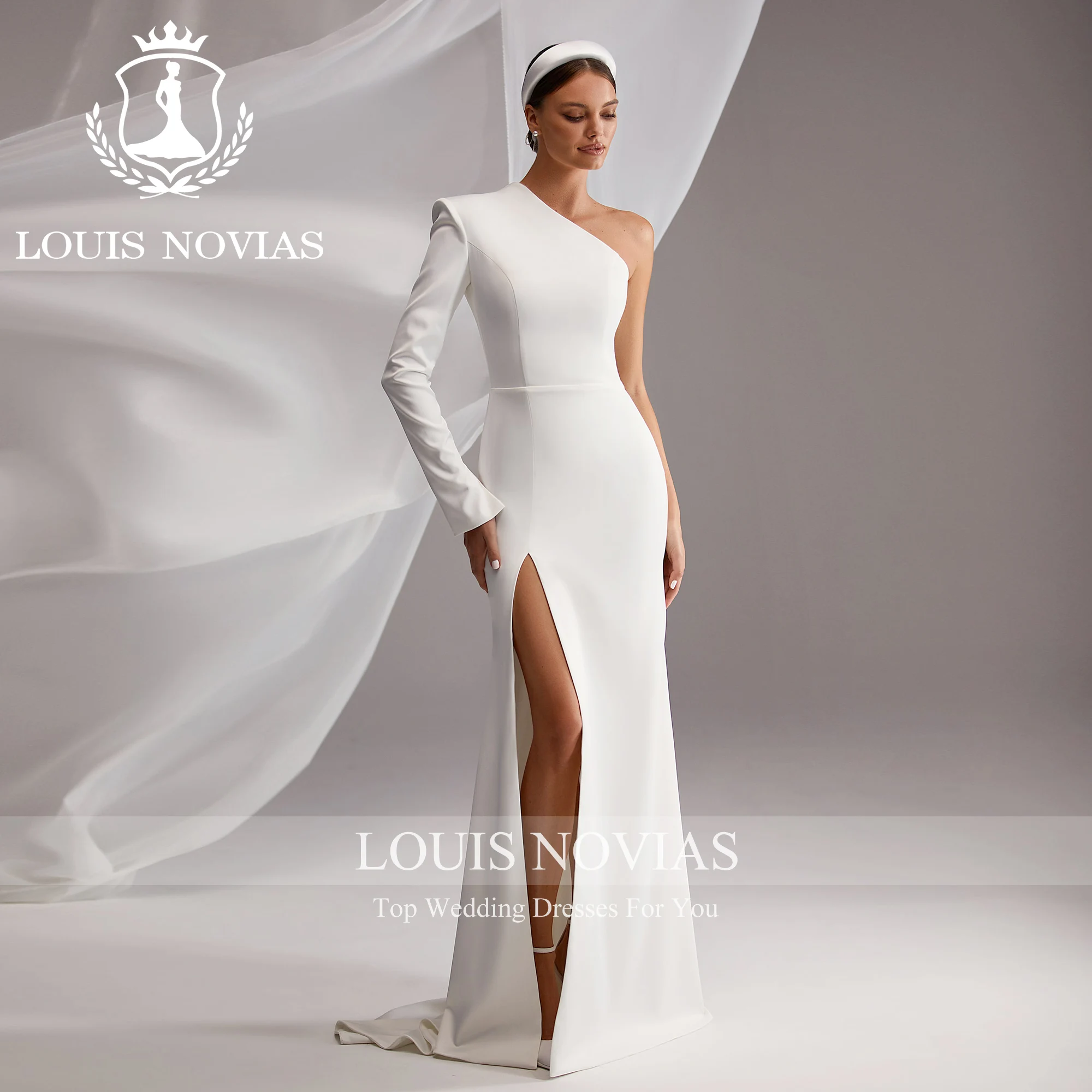 LOUIS NOVIAS Mermaid Long Sleeve Wedding Dress High Quality One Shoulder Thigh Split Zipper Wedding Gown Vestidos De Novia