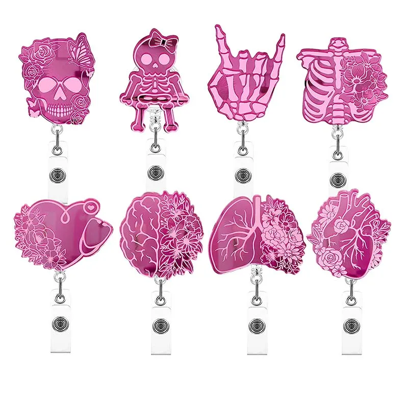 Pink Acrylic Human Organs With Flowers Badge Reel Retractable ID Badge Holder With 360 Rotating Alligator Clip Name Holder