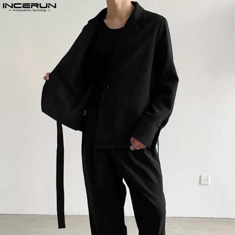 Men\'s Irregular Shirt Solid Color Lapel Long Sleeve Streetwear Casual Men Clothing 2024 Lace Up Stylish Leisure Camisas INCERUN