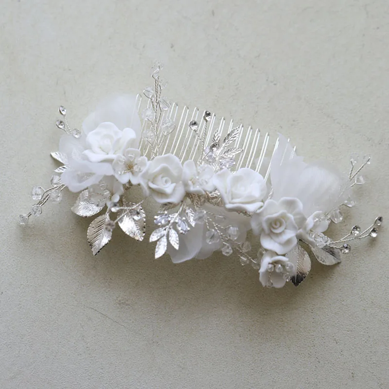 Charming Chiffon Flower Bridal Comb Hair Pin Silver Color Leaf Wedding Headpiece with Earrings Women Jewelry