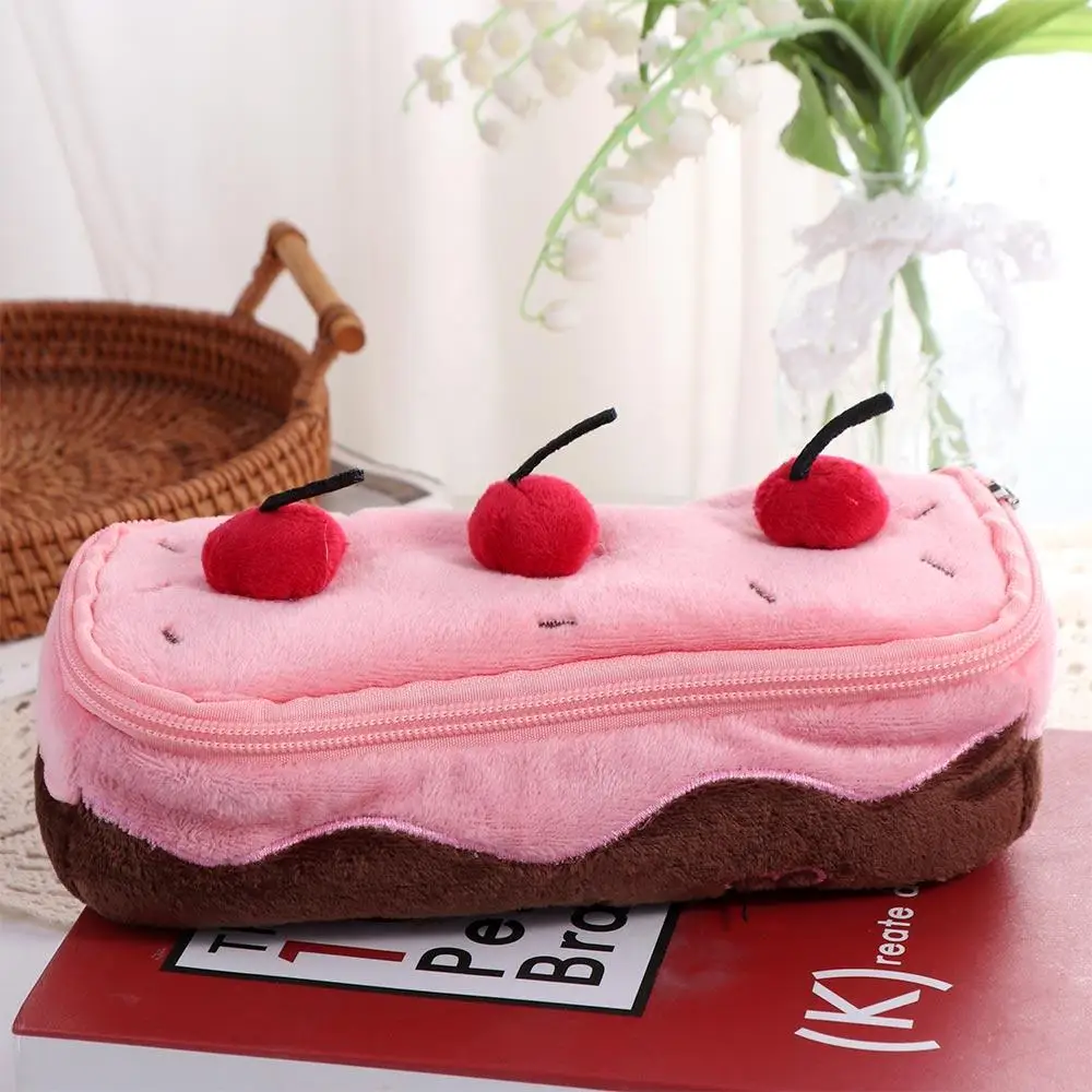 Creative Cherry Cake Plush Pen Bag Large Capacity Cosmetic Bags Stationery Bag Kawaii Exquisite Pencil Pouch Stationery Box