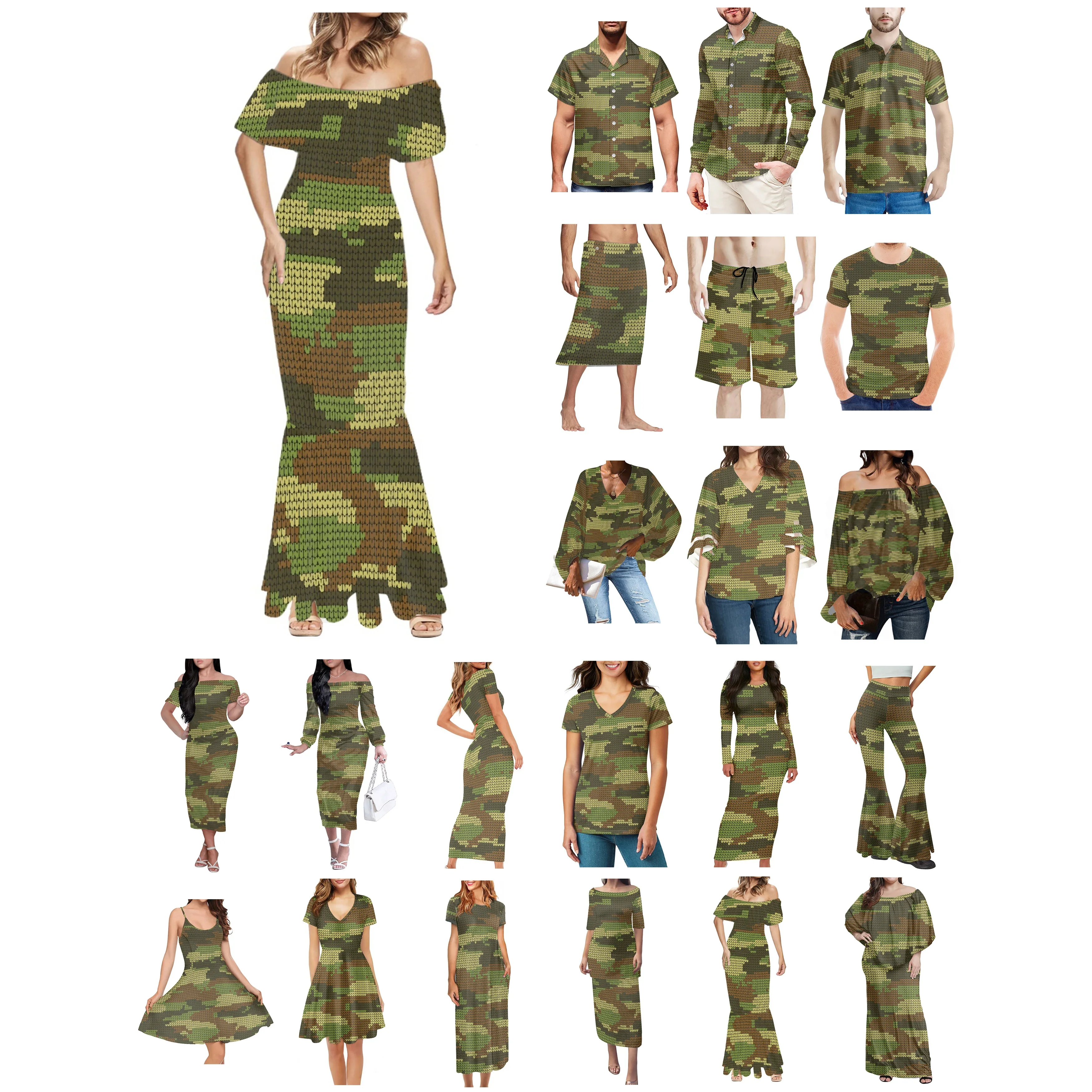 Green Camo Camouflage Prints Clothes Women Dress Matching Men Shirt Black Spouse Lovers Wear Couples Dress Outdoors Activities