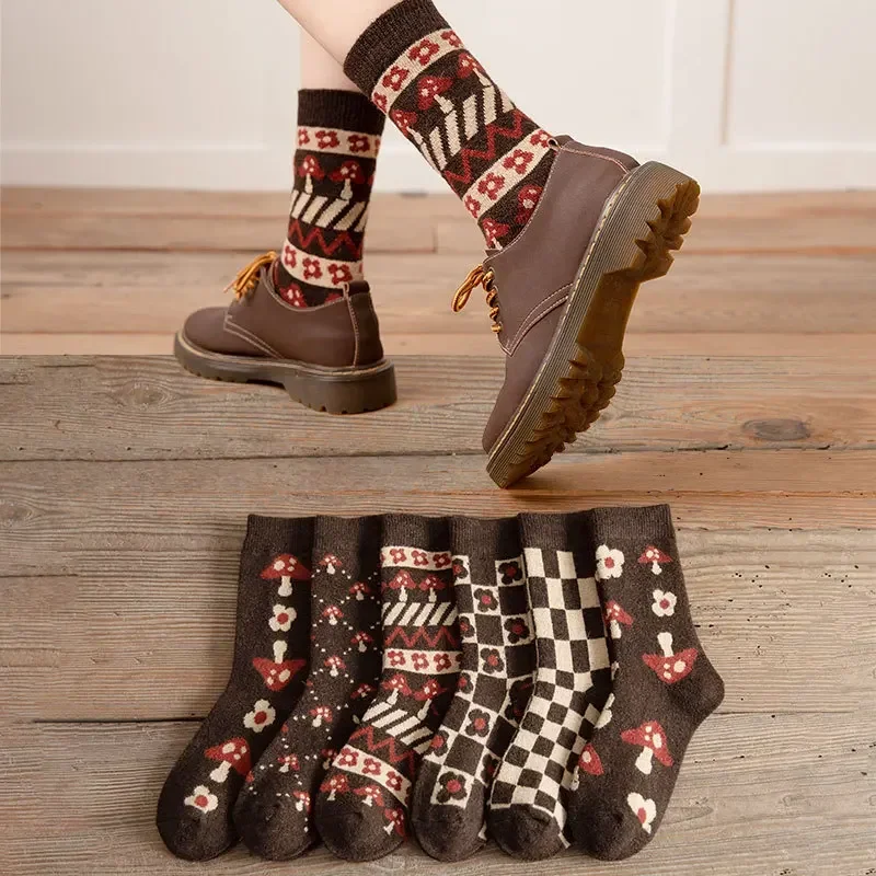 

Thickened Warm Wool Tube Socks Casual Socks Autumn and Winter Warm Comfortable Cotton Checkerboard Mushroom Cute Socks