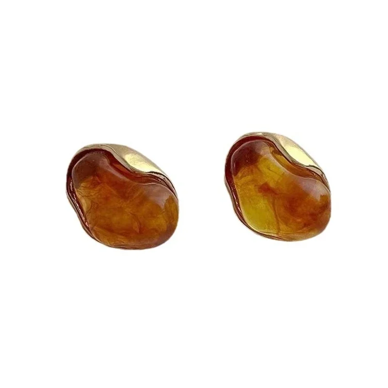 Maillard French Amber Color Irregular Geometric Stones Stud Earrings for Women Simple Unique Girl Jewelry Christmas Gift