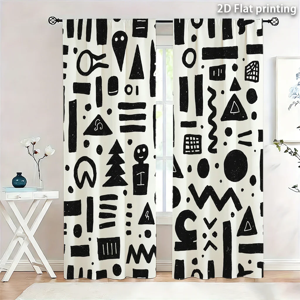 2pc Bohemian Geometric Black White Curtain Modern Abstract Pattern Drapes Vertical Striped Minimalist Living Room Window Decor