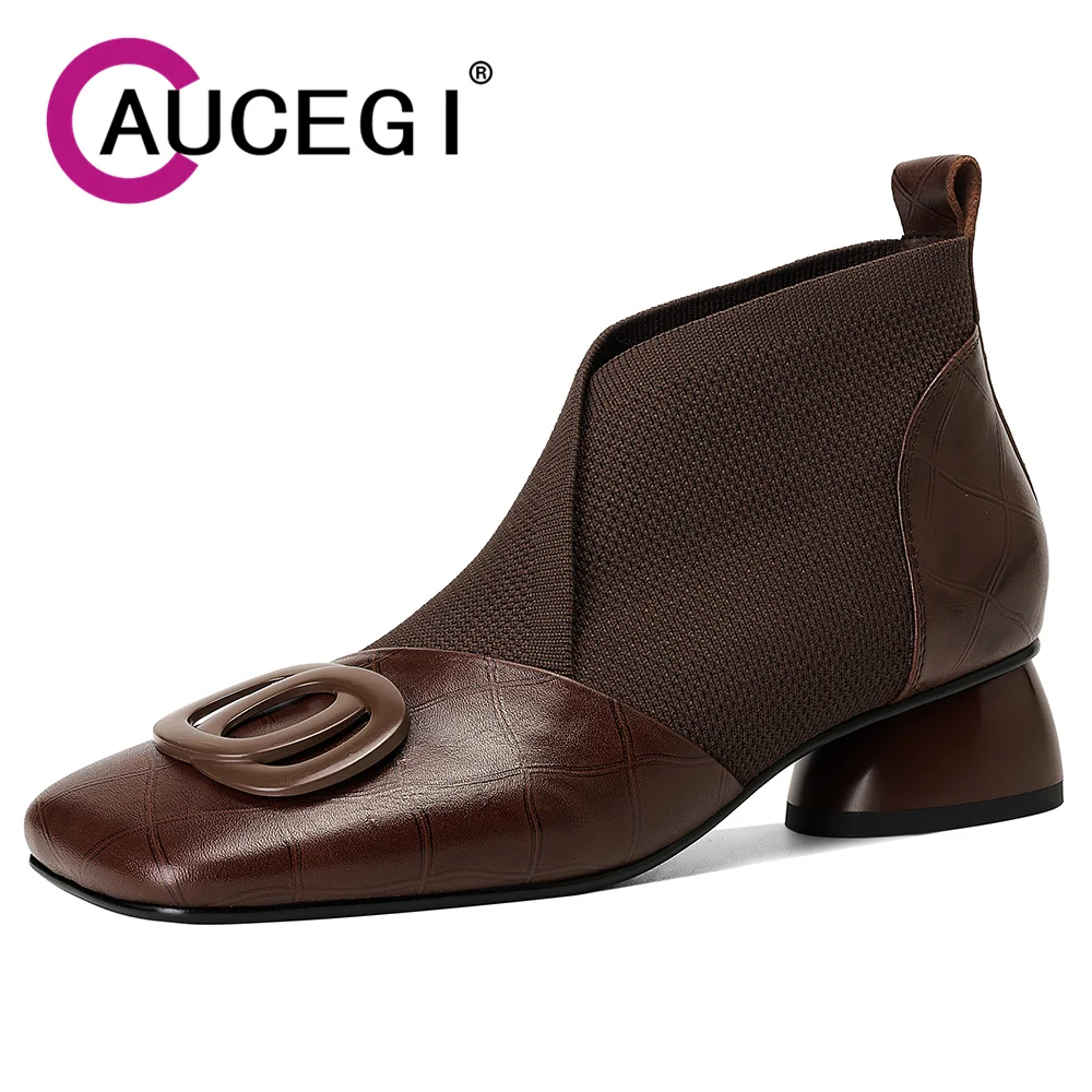 Aucegi Women Square Toe Ankle Boots Mid Heels Vintage Autumn Winter Genuine Leather Spliced Knitting Commuter Handmade Shoes