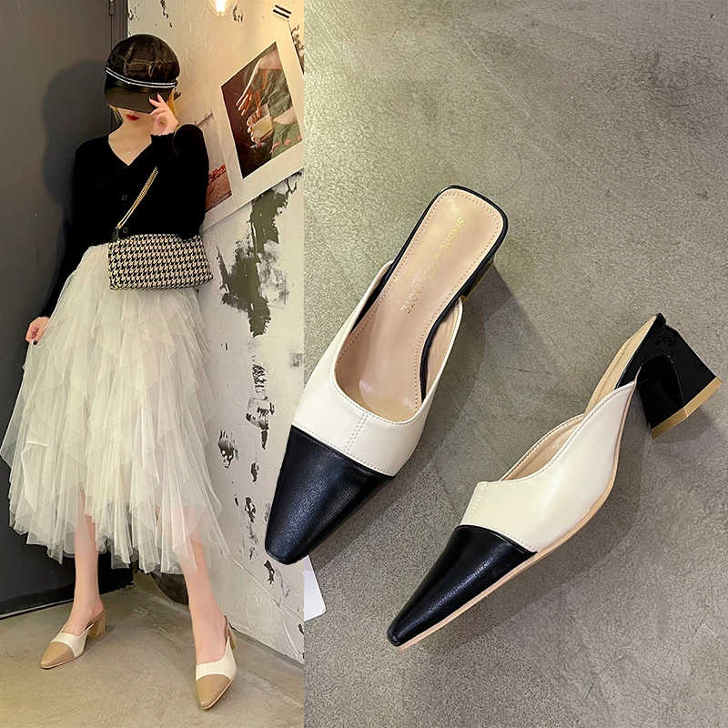 

Шлепанцы женские повседневные, сланцы, заостренный носок, квадратный высокий каблук, летние тапочки для отдыха