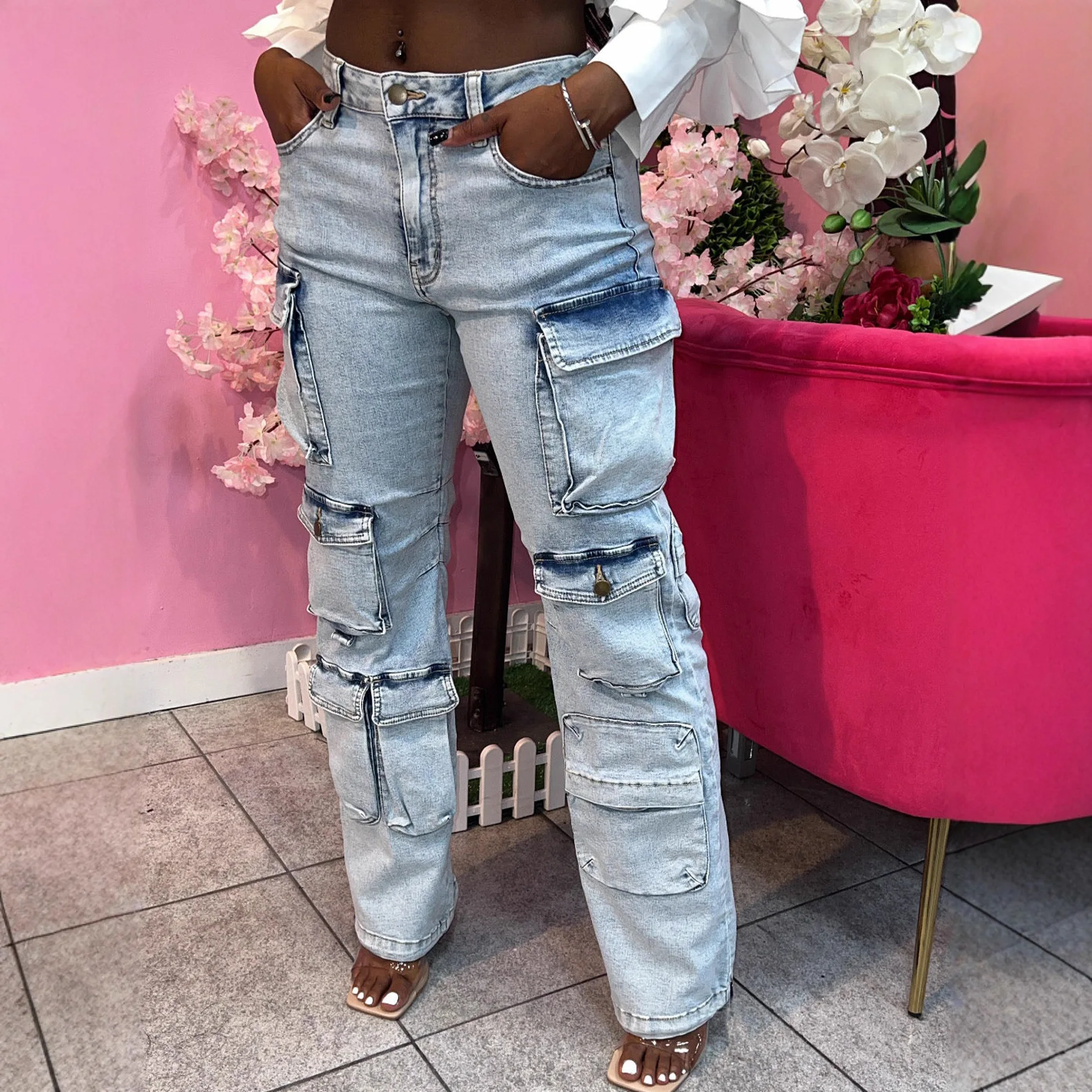 

Cargo Jeans Women Straight Pants Multiple Pockets High Waist Stretch Vintage Distressed Denims Washed Streetwear Trousers 2026