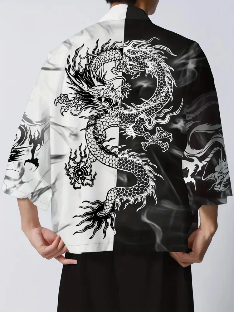 

Модный мужской повседневный традиционный кардиган-кимоно, черно-белый цвет, мужское кимоно с тотемом дракона, повседневная мужская блузка, рубашка
