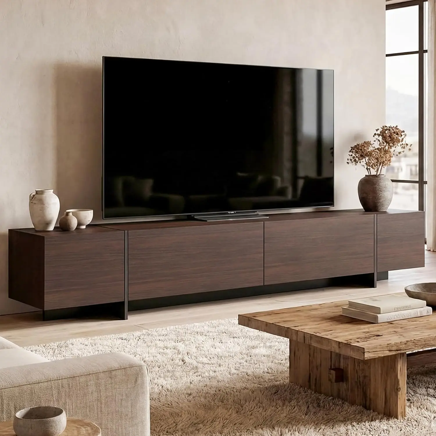 95.1" W TV Stand with 4 Flip-Down Drawers, Modern Entertainment Center with Storage, Media Console Table TV Cabinet,, Custom