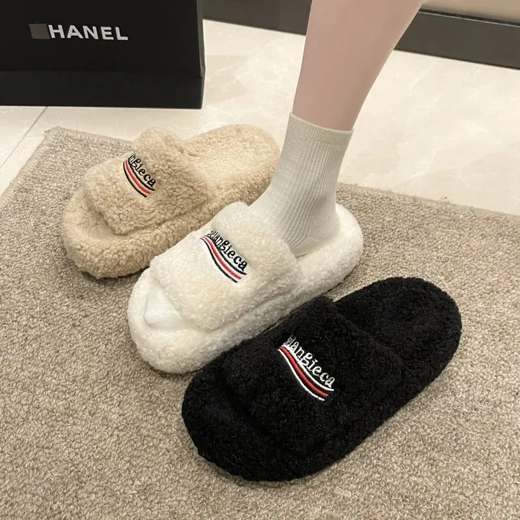 House Slippers Platform Fur Shoes Slides Med Slipers Women Flock Soft Plush Flat 2024 Fabric Rome Basic Rubber PU Female Shoes P