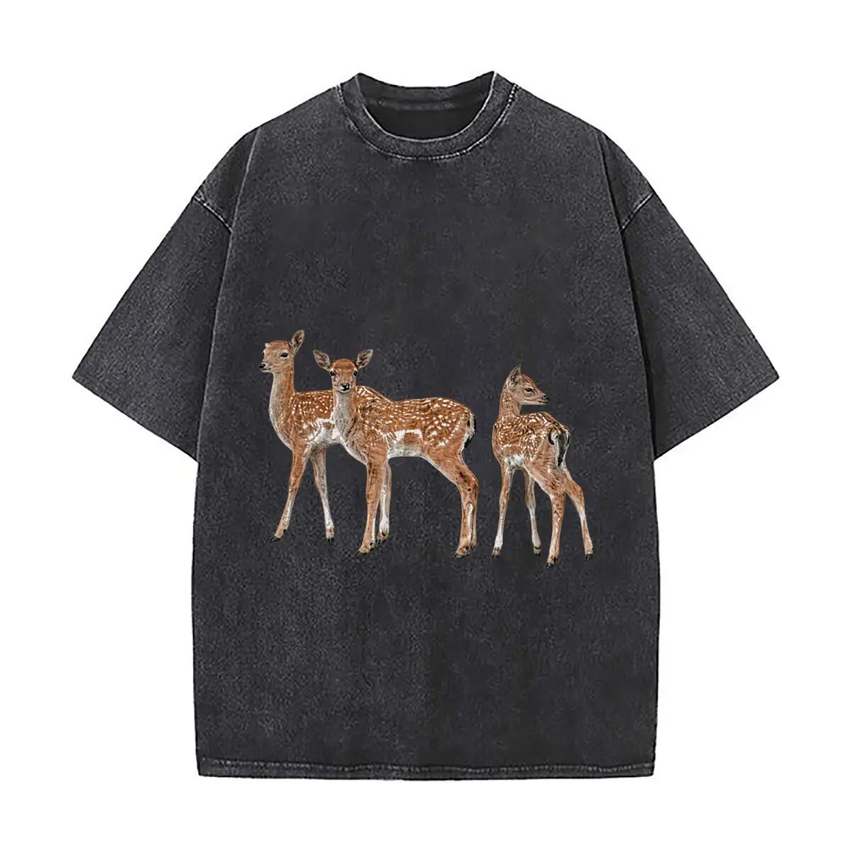 Spotted Fawn Deer Trio Woodland Wildlife Design Washed Vintage Short Sleeve Loose Streetwear Tee
