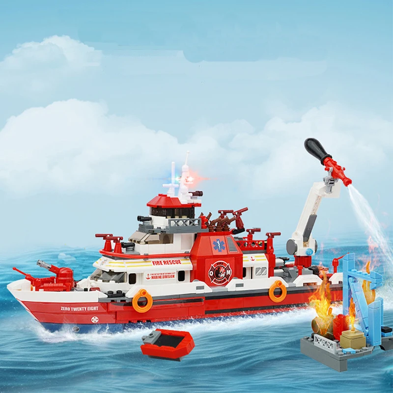 MOC City Coastal Rescue Firefighting Ship Fire Department Accessories Building Firefighter Model educational Blocks Bricks Toys