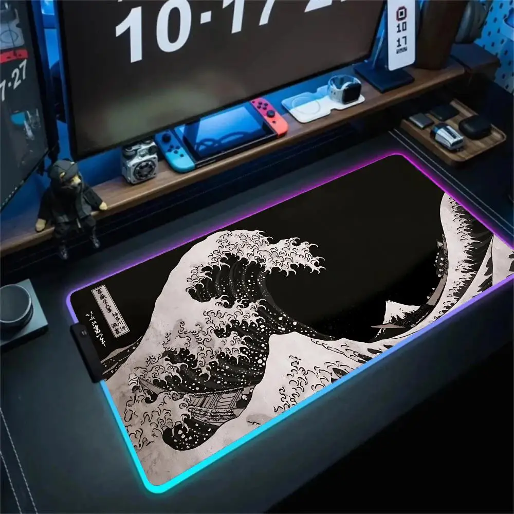

Коврик для мыши в японском стиле с волнистой подсветкой RGB, механические коврики для клавиатуры, аксессуары для офисного компьютера, светодиодный нескользящий игровой настольный коврик