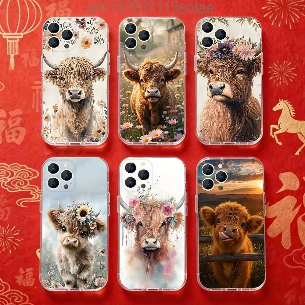 

Animal Highland Cattle Cow Phone Case for iPhone 16 15 14 13 12 11 17 Plus Pro Max X XR XS Max Soft Clear Tpu