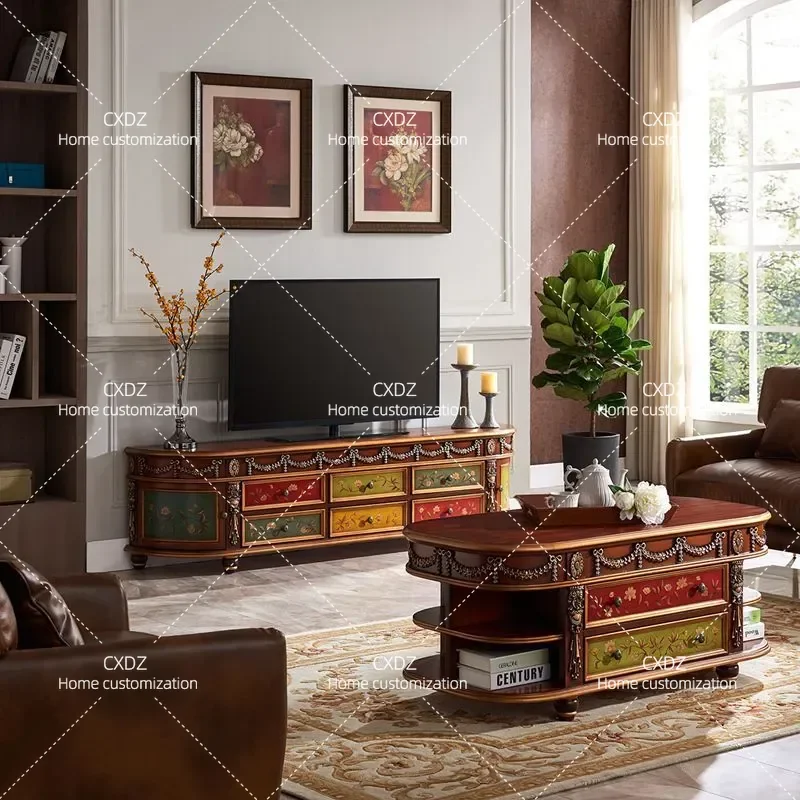 Retro Solid Wood TV Cabinet Carved Coffee Table Video Console Bedroom Floor Storage Unit Living Room Painted Furniture