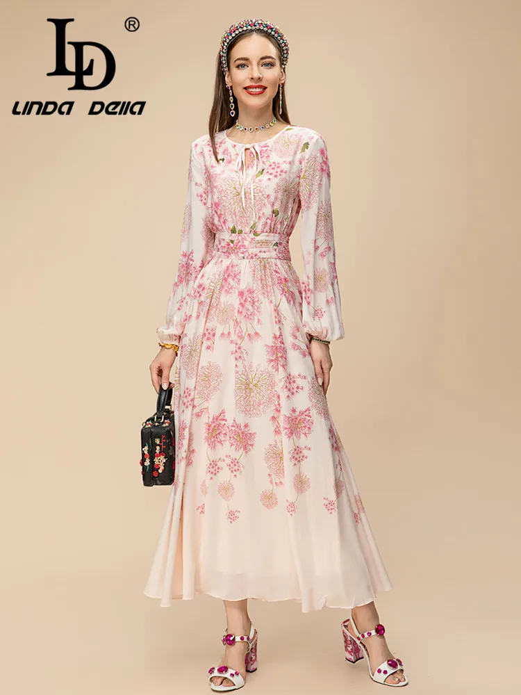 LD LINDA DELLA 2023 New Style Runway Designer Vintage Dress Women\'s Round Neck Elastic Waist Print Draped Slim Fit Chiffon Dress