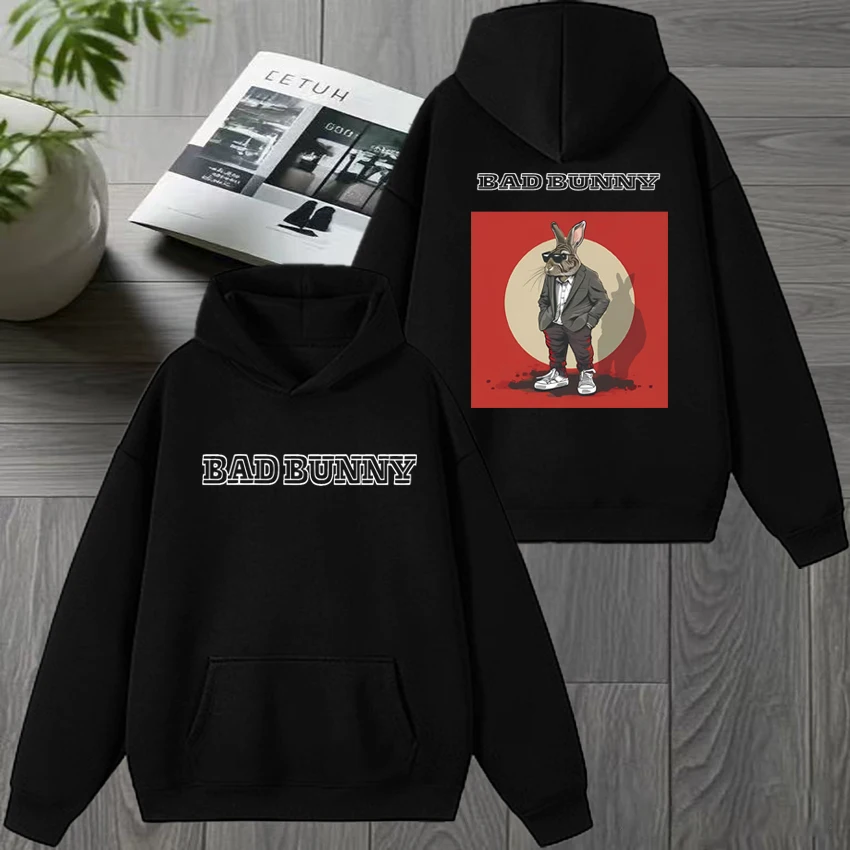 

Hot Rapper Bad Bunny Double Sided print Winter Hoodie Men women hip hop punk black streetwear Unisex Fleece Casual Sweatshirt