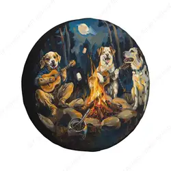 Funny Dog Spare Tire Cover Wheel Protectors for Decoration Protection Dog Playing Guitar Around Campfire Universal Wheel Covers