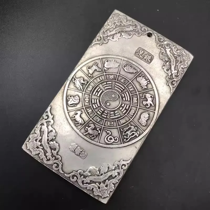 Elaborate Chinese Old Tibetan Silver Dragon Phoenix Statue Amulet Auspicious Plate view 4