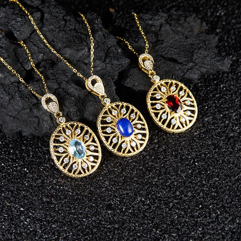 

French Retro Gem Clavicle Chain for Womens925Silver Inlay Natural Garnet Topaz Lapis Colored Gems Necklace