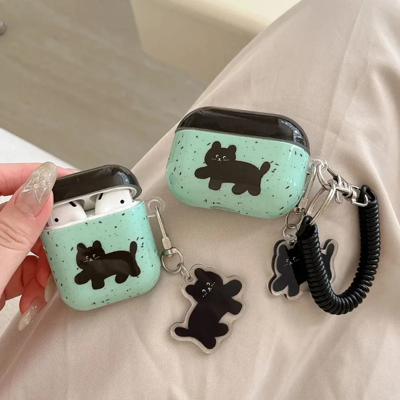 Korea Splashing Ink Black Cat With Pendant For AirPods 1 2 3 Earphone Accessories Soft Cases For AirPods Pro 2 Protection Cover