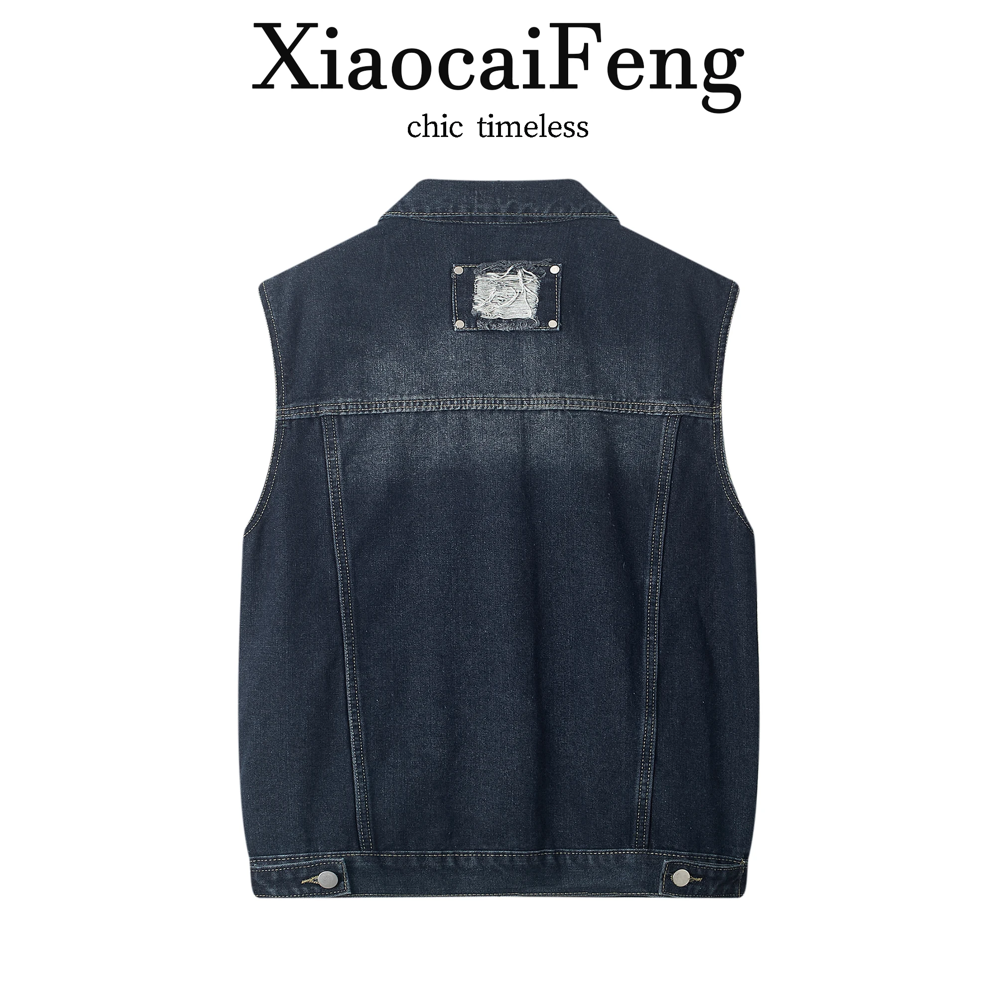 Retro American Distressed Denim Vest Women's Summer Fashion Short Jacket Hole Design Light Weight Single Button Closure