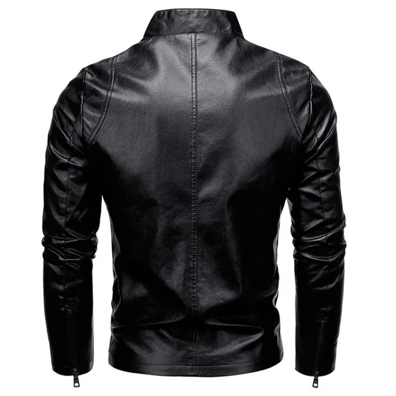 Herren-Motorrad-Lederjacke, 2024, Herbst, solide Slim-Fit, Reißverschluss, Stehkragen, winddicht, PU-Lederjacke, Mantel, Herrenbekleidung