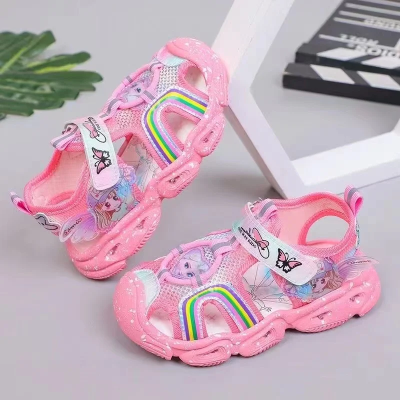 Summer Baby Girls LED Light Sandals Cartoon Frozen Elsa Print Children Closed Toe Orthopedic Kids Slipper Sport Soft Beach Shoes